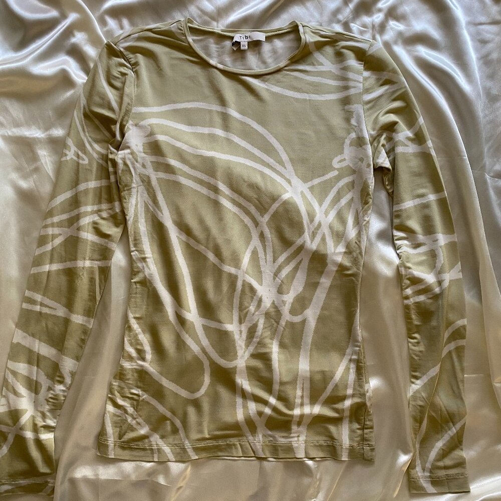 Tibi Tulipe Fitted Jersey Long Sleeve Graphic Tee Clay XS $365 Preppy